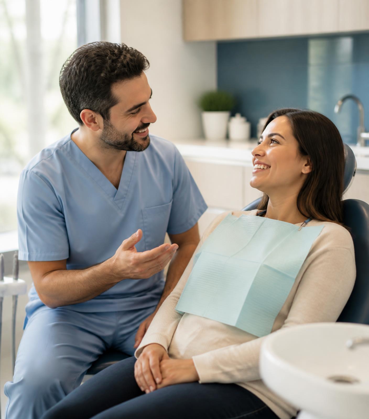 A dentist reviewing treatment options with a patient in a bright exam room